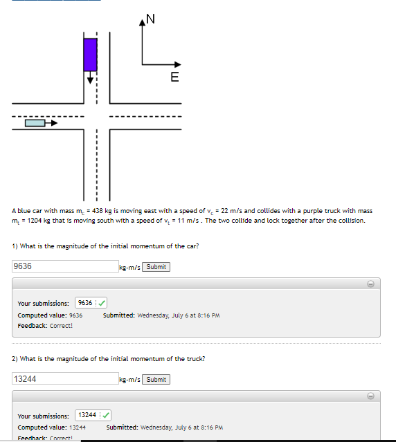 A Blue Car With Mass M 438 Kg Is Moving East With A Speed Of V 22 M S And Collides With A Purple Truck With Mass M 1