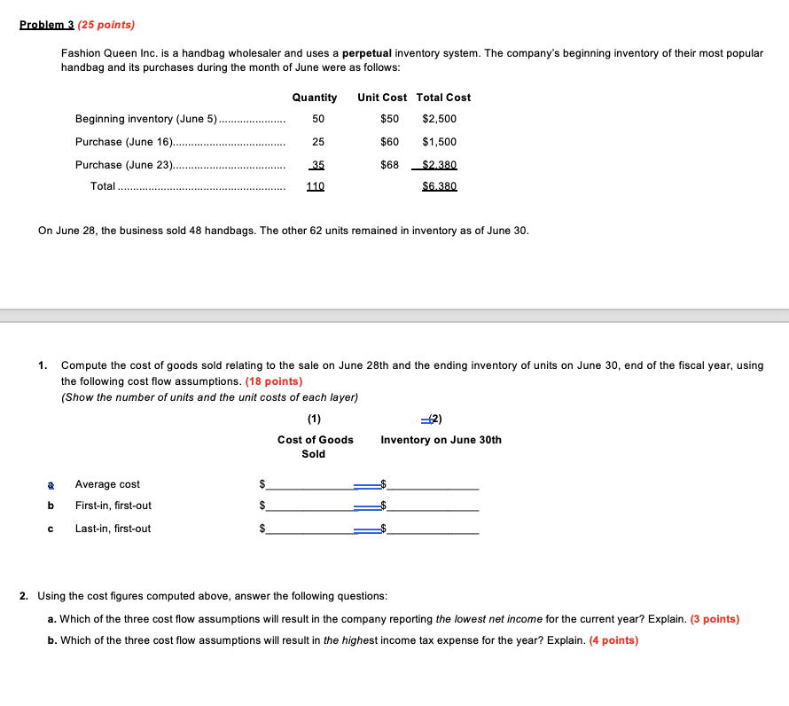 Problem 3 25 Points Fashion Queen Inc Is A Handbag Wholesaler And Uses A Perpetual Inventory System The Company S Be 1