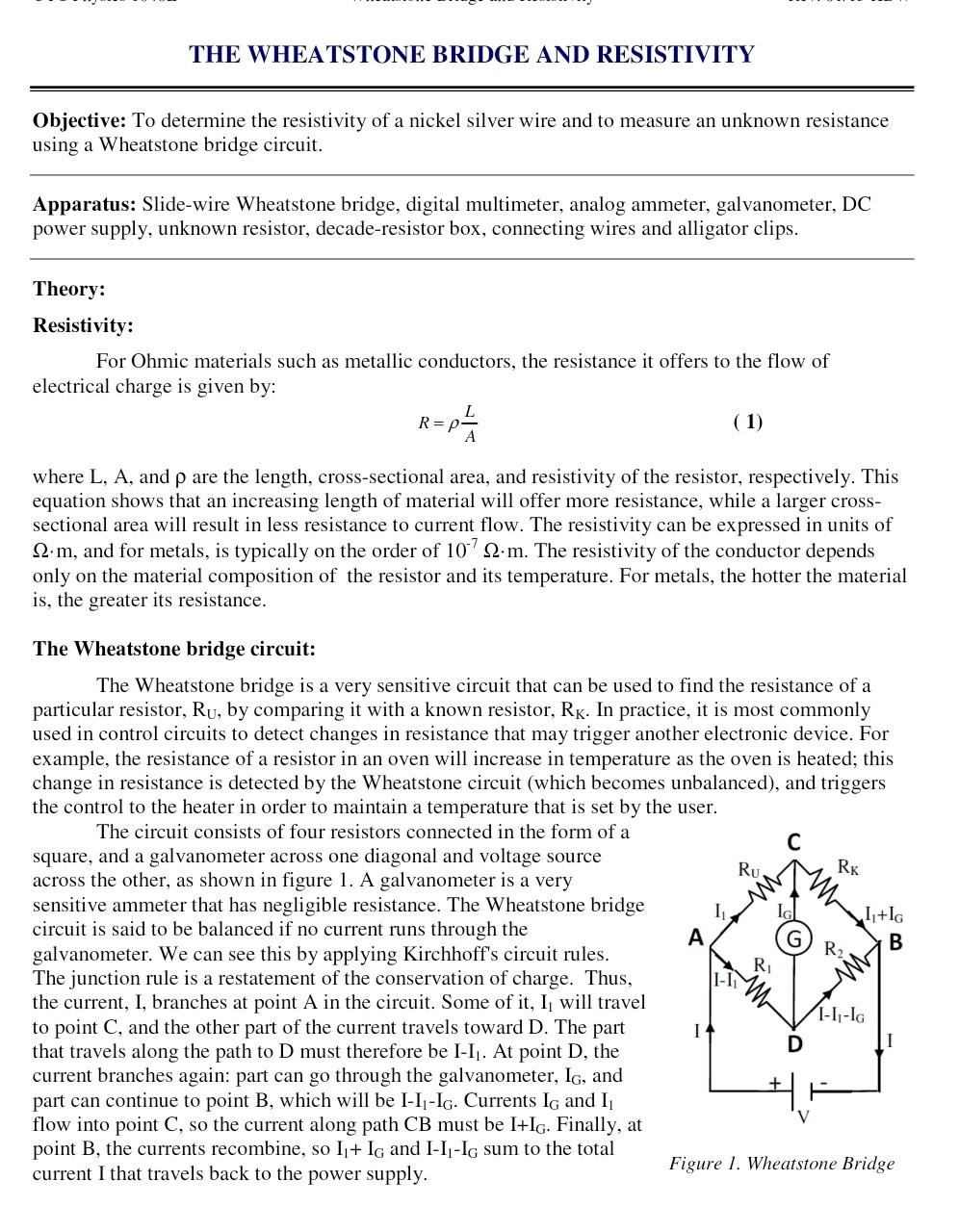 Section Partner S The Wheatstone Bridge And Resistivity The Goals Of Experiment Theoretical Background Student Circui 3
