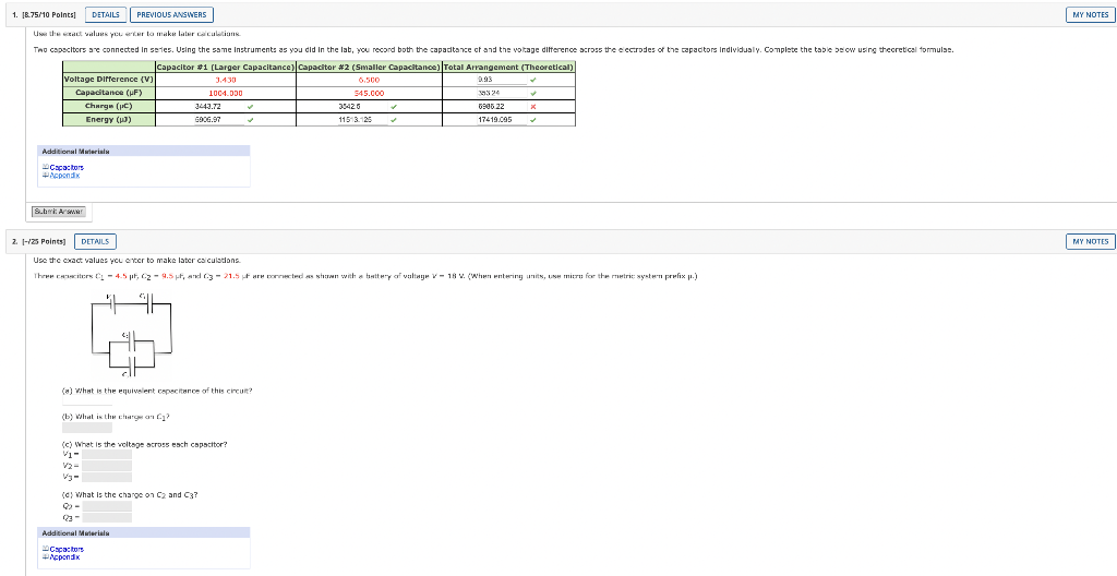 Points Details Previous Answers Use The Exact Values You Enter To Make Later Calculations Two Capacitors Are Connected 1