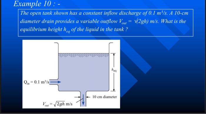Example 10 The Open Tank Shown Has A Constant Inflow Discharge Of 0 1 M S A 10 Cm Diameter Drain Provides A Variabl 1