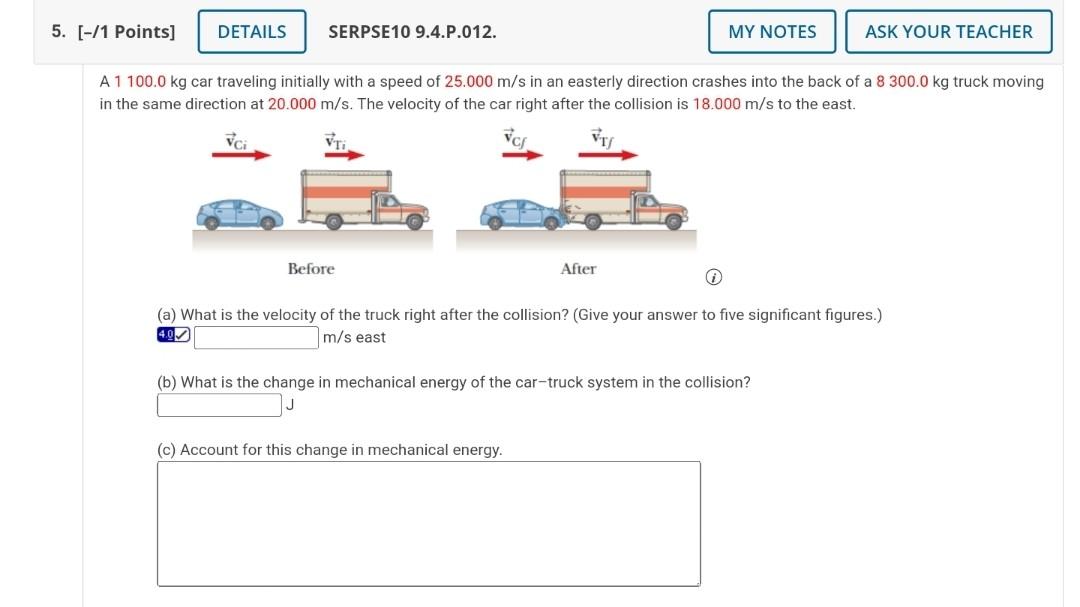 5 1 Points A 1 100 0 Kg Car Traveling Initially With A Speed Of 25 000 M S In An Easterly Direction Crashes Into Th 1