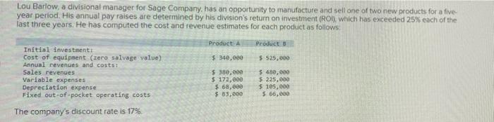 Lou Barlow A Divisional Manager For Sage Company Has An Opportunity To Manufacture And Sell One Of Two New Products Fo 1