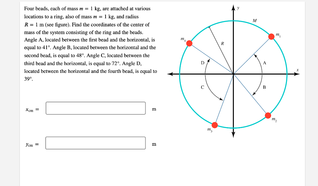 Four Beads Each Of Mass M 1 Kg Are Attached At Various Locations To A Ring Also Of Mass M 1 Kg And Radius R 1 1