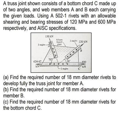 A Truss Joint Shown Consists Of A Bottom Chord C Made Up Of Two Angles And Web Members A And B Each Carrying The Given 1