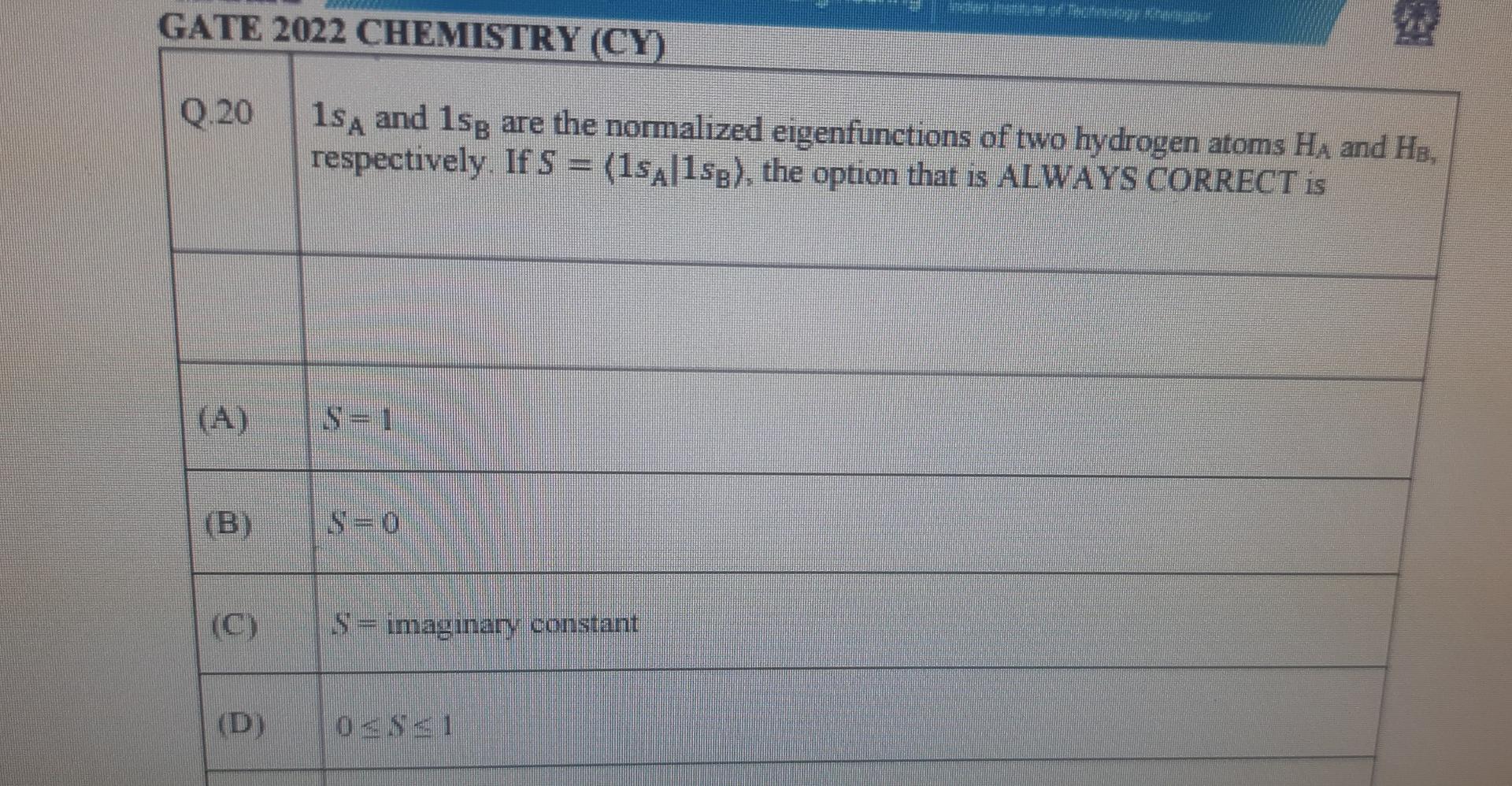 Gate 2022 Chemistry Cy Q 20 A B C D 1sa And 1sg Are The Normalized Eigenfunctions Of Two Hydrogen Atoms Ha And 1