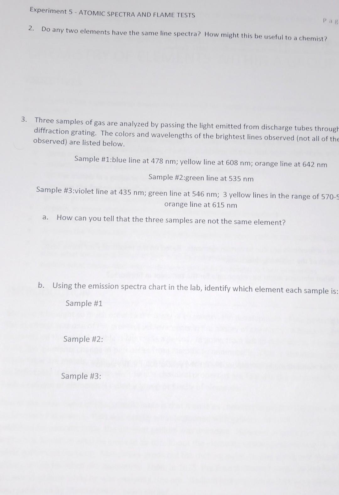 Experiment 5 Atomic Spectra And Flame Tests Do Any Two Elements Have The Same Line Spectra How Might This Be Useful To 1