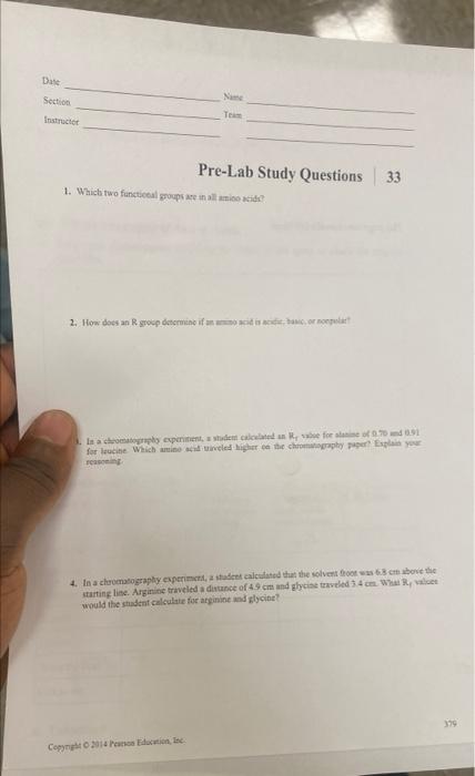 Date Section Team Pre Lab Study Questions 1 Which Two Functional Groups Are In All Amino Acid 2 How Does An R Group De 1