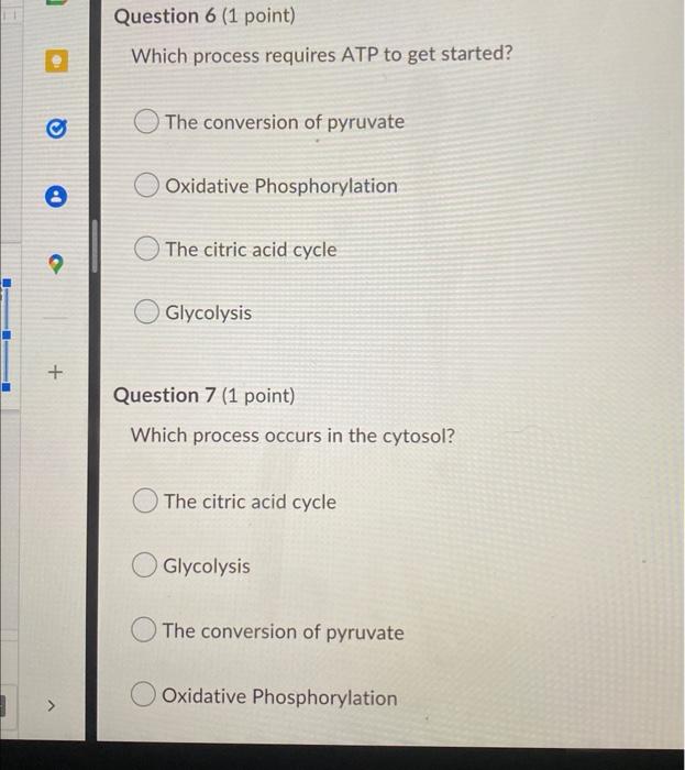 8 Question 6 1 Point Which Process Requires Atp To Get Started The Conversion Of Pyruvate O Oxidative Phosphoryla 1