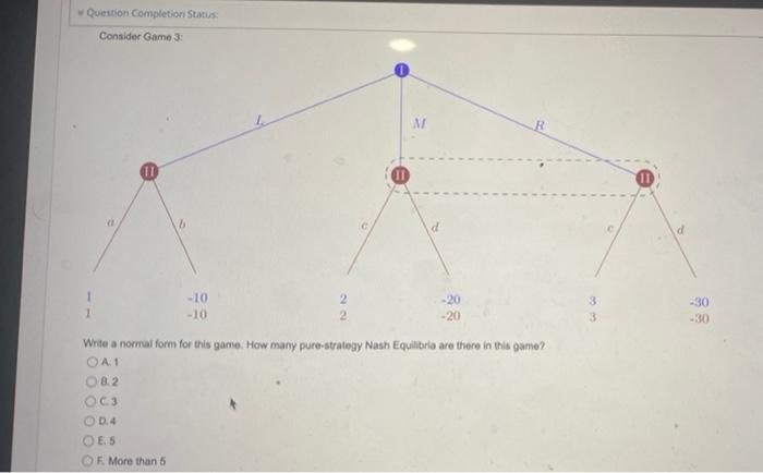 Question Completion Status Consider Game 3 M D D 1 1 10 10 20 20 3 3 30 30 Write A Normal Form For This Game H 1