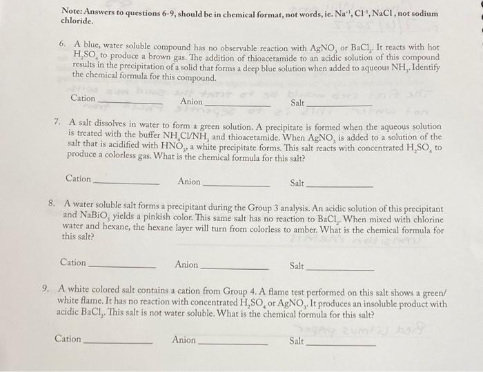 Note Answers To Questions 6 9 Should Be In Chemical Format Not Words Ie Na Cl Nacl Not Sodium Chloride 6 A Bl 1