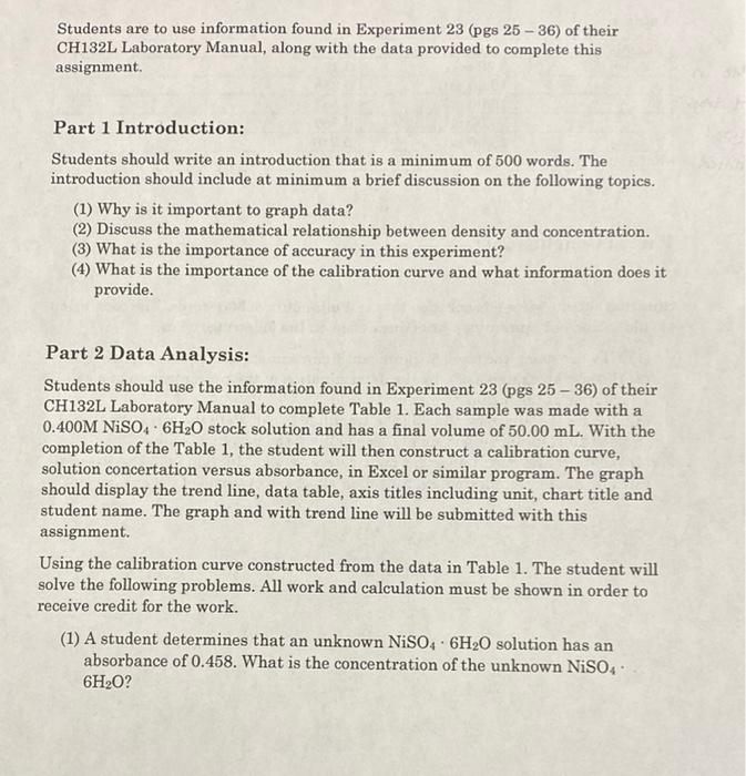 Students Are To Use Information Found In Experiment 23 Pgs 25 36 Of Their Ch132l Laboratory Manual Along With The Dat 1