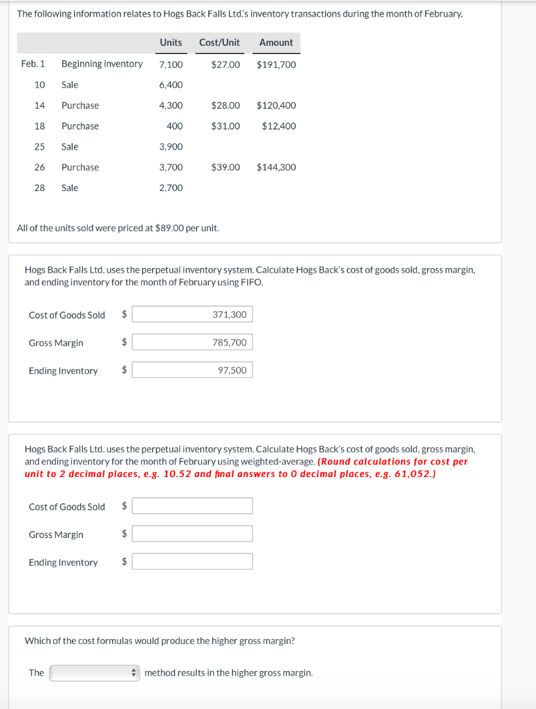 The Following Information Relates To Hogs Back Falls Ltd S Inventory Transactions During The Month Of February Units Co 1