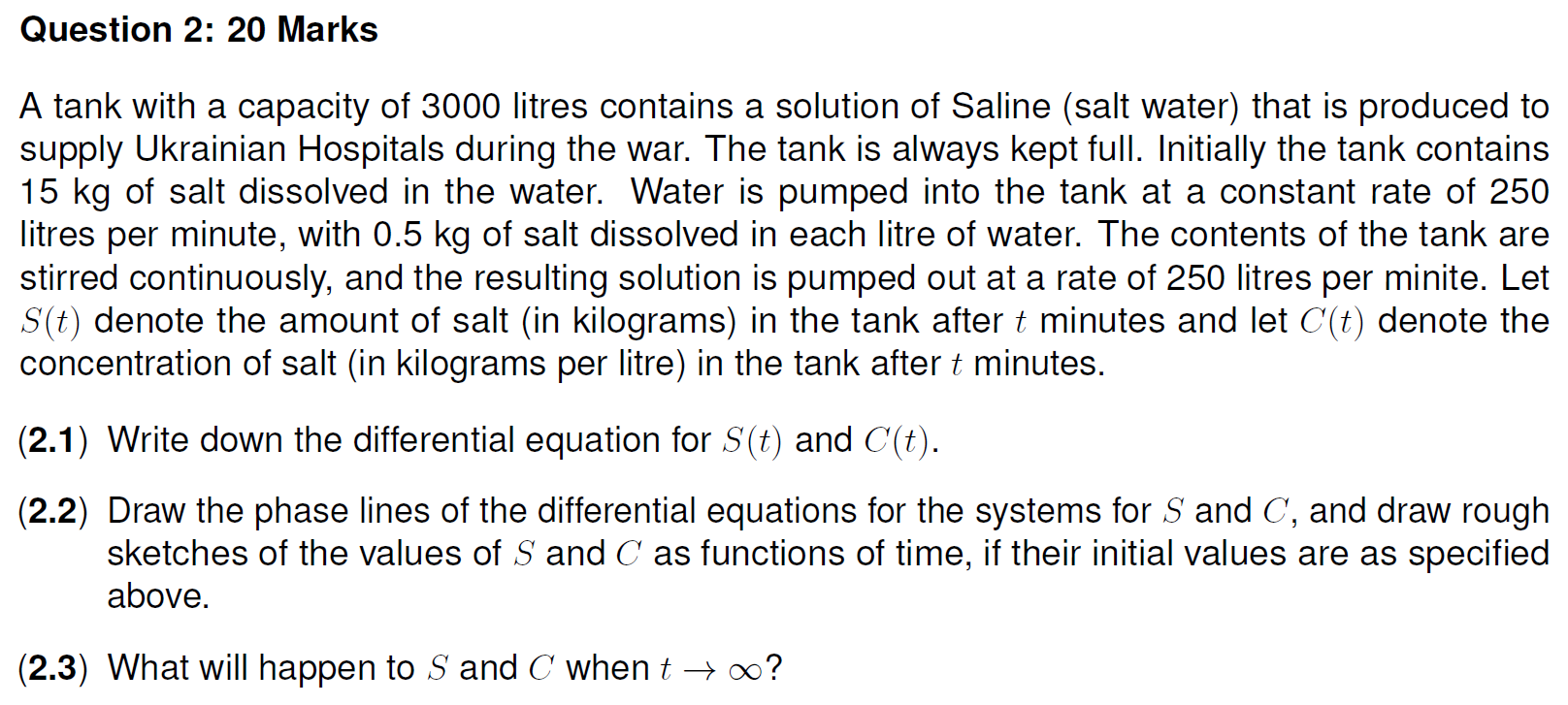 Question 2 20 Marks A Tank With A Capacity Of 3000 Litres Contains A Solution Of Saline Salt Water That Is Produced T 1