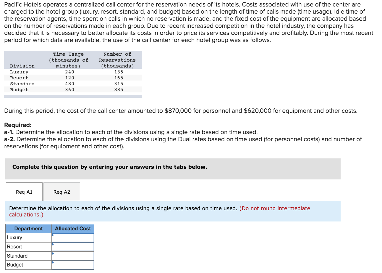 Pacific Hotels Operates A Centralized Call Center For The Reservation Needs Of Its Hotels Costs Associated With Use Of 1