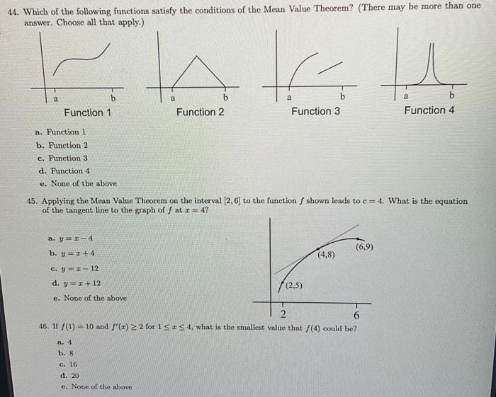 44 Which Of The Following Functions Satisfy The Conditions Of The Mean Value Theorem There May Be More Than One Answe 1