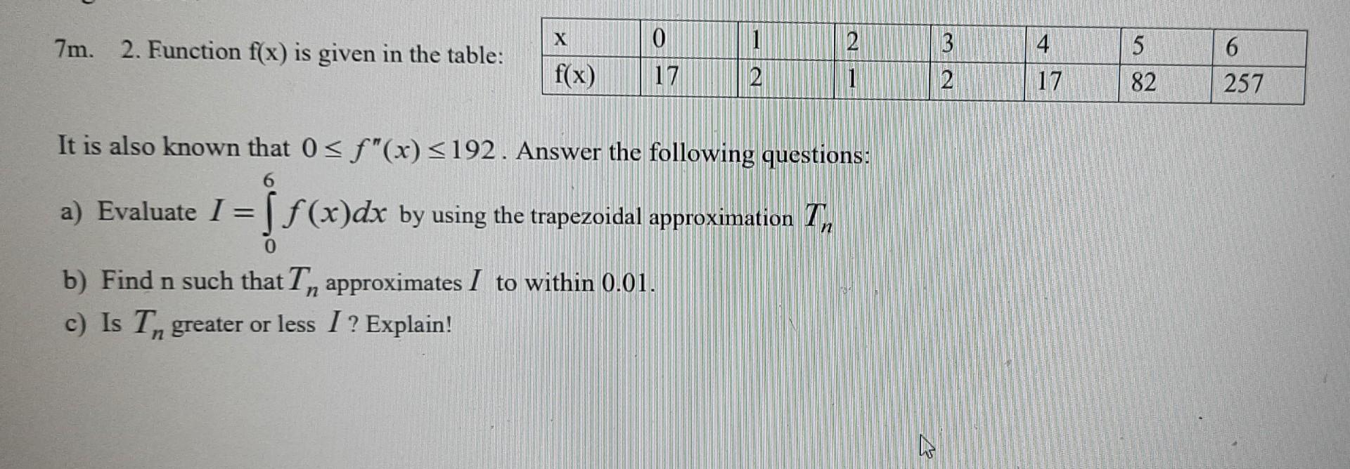 7m 2 Function F X Is Given In The Table X F X 0 1 2 2 1 It Is Also Known That 0 F X 192 Answer The Following Q 1