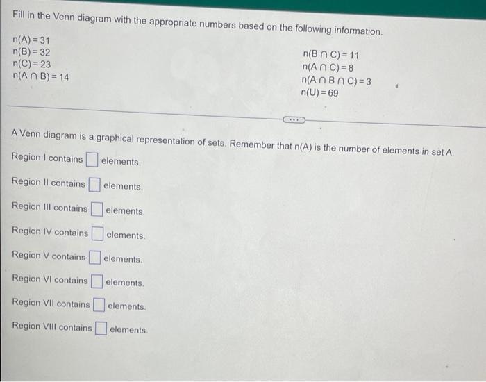 Fill In The Venn Diagram With The Appropriate Numbers Based On The Following Information N A 31 N B 32 N C 23 N An 1