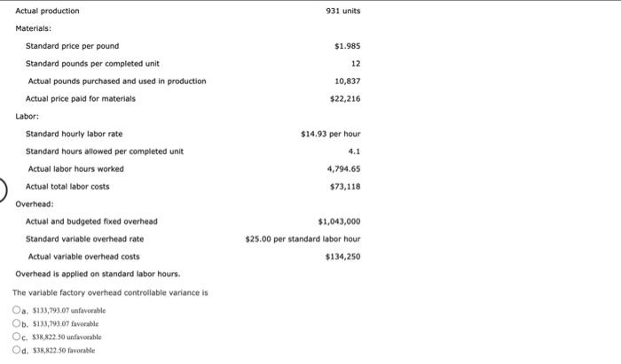 1 068 Units 931 Units The Following Data Is Given For The Bahia Company Budgeted Production Actual Production Materials 2