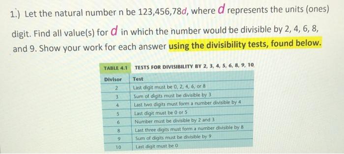1 Let The Natural Number N Be 123 456 78d Where D Represents The Units Ones Digit Find All Value S For D In Which 1
