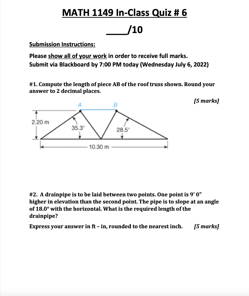 Math 1149 In Class Quiz 6 10 Submission Instructions Please Show All Of Your Work In Order To Receive Full Marks Su 1