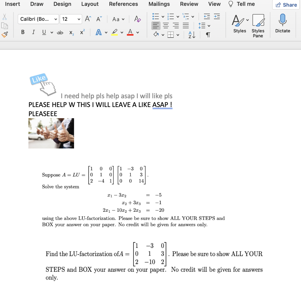 Insert Draw Design Layout X A A A X X Calibri Bo Bi U Vab Like V 12 Suppose A Lu Solve The System Reference 1