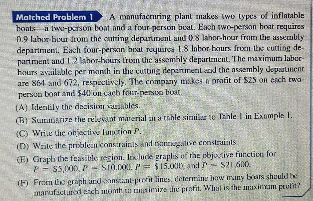 Matched Problem 1 A Manufacturing Plant Makes Two Types Of Inflatable Boats A Two Person Boat And A Four Person Boat Ea 1