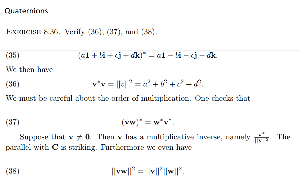 Quaternions Exercise 8 36 Verify 36 37 And 38 35 We Then Have 36 V V V A B C D We Must B 1
