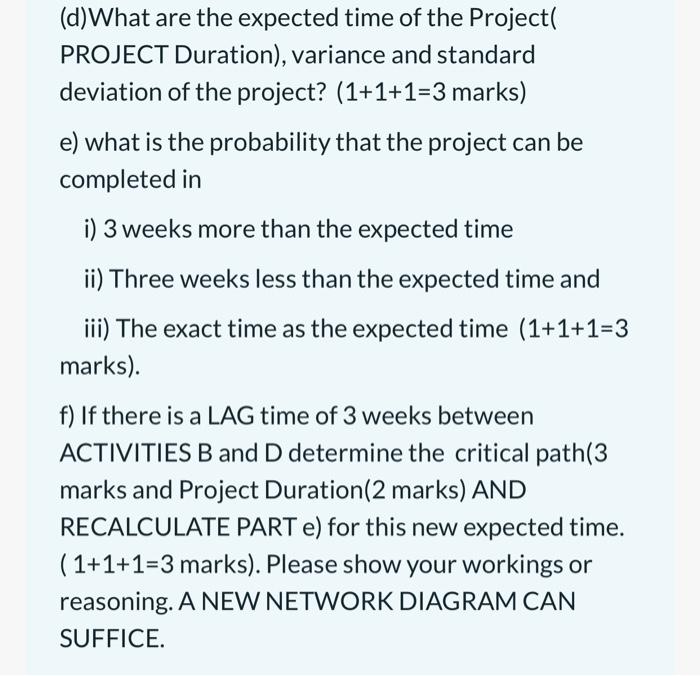 Question 32 Marks Consider The Following Project Where Times Are In Weeks Table 1 Activity Times And Predecessors Im 2