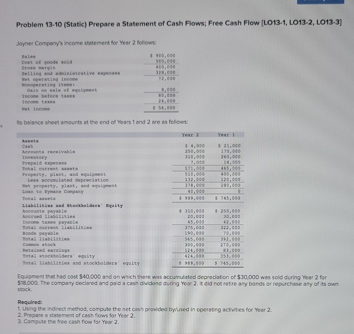 Problem 13 10 Static Prepare A Statement Of Cash Flows Free Cash Flow Lo13 1 Lo13 2 Lo13 3 Joyner Company S Incom 1