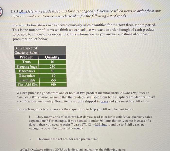 Part B Determine Trade Discounts For A Set Of Goods Determine Which Items To Order From Our Different Suppliers Prep 1