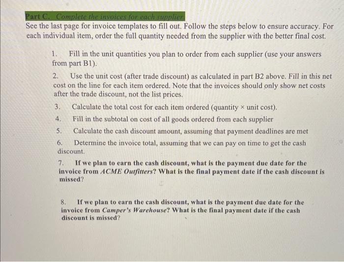 Part C Complete The Invoices For Each Supplier See The Last Page For Invoice Templates To Fill Out Follow The Steps B 1
