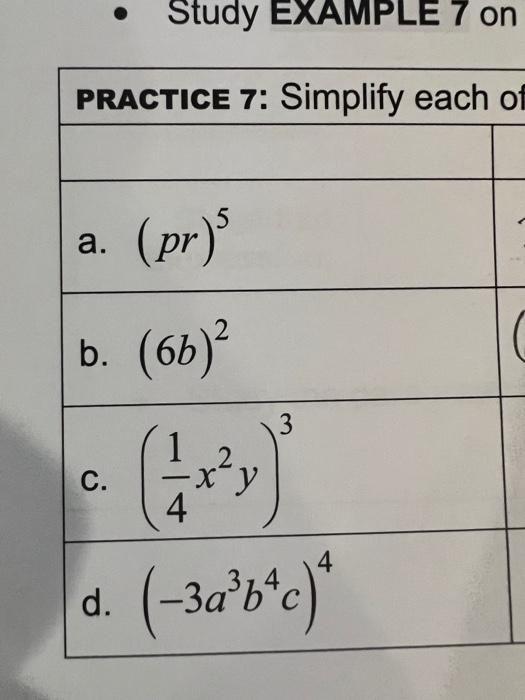 Study Example 7 On Practice 7 Simplify Each Of Pr 5 B 6b A 3 Y D 3a B C C 4 Practice 8 Parts 1