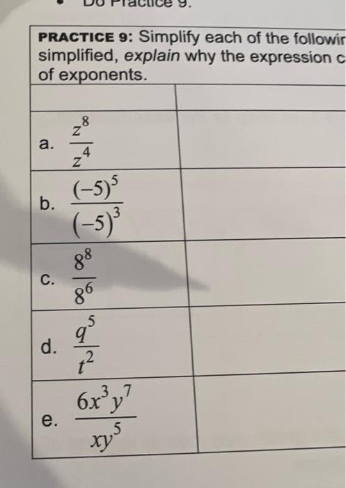 Suppose You Are Simplifying Each Expression Tell Whether You Would Add The Exponents Subtract The Exponents Multiply 2