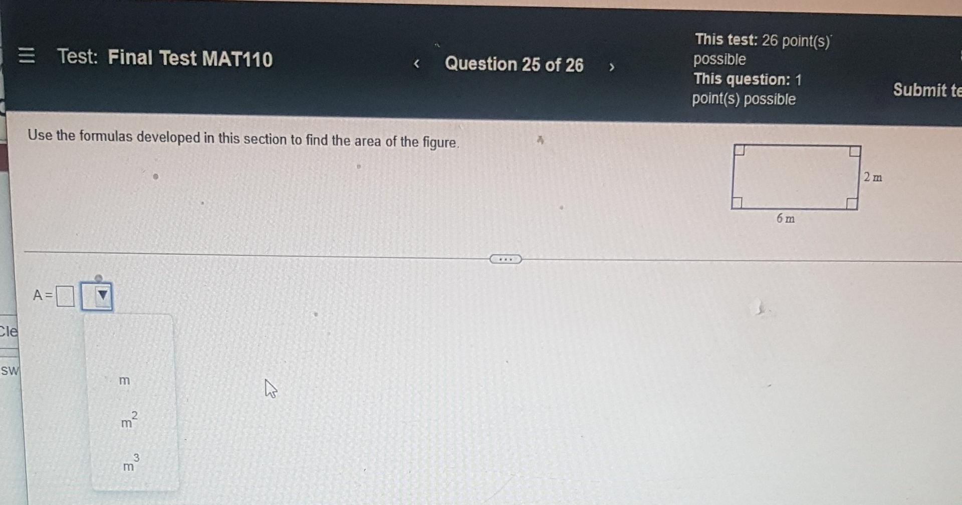 Cle Sw Test Final Test Mat110 A Use The Formulas Developed In This Section To Find The Area Of The Figure E 2 Ee 1