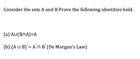 Consider The Sets A And B Prove The Following Identities Hold A Au Bna A B A U B A N B De Morgan S Law 1