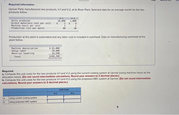 Required Information Upriver Parts Manufactures Two Products V 1 And V 2 At Its River Plant Selected Data For An Avera 1