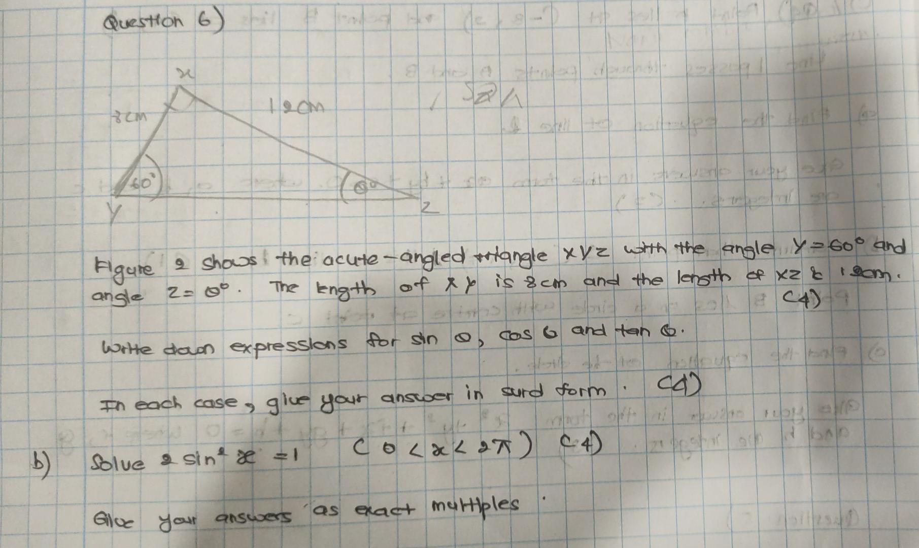 B Question 6 8cm Y 60 Figure Angle Gloe Ht L Your Answers 2 9 Shows The Acute Angled Hangle Xyz With The Angle Y 6 1