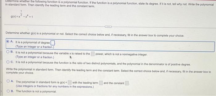 Determine Whether The Following Function Is A Polynomial Function If The Function Is A Polynomial Function State Its D 1