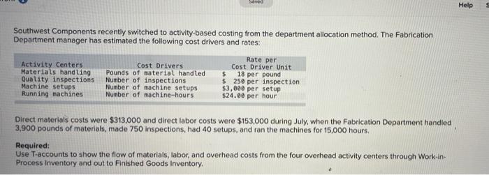 Saved Help Southwest Components Recently Switched To Activity Based Costing From The Department Allocation Method The F 1