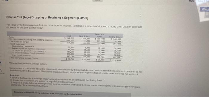 Help Check Exercise 11 2 Algo Dropping Or Retaining A Segment Lo11 2 The Real Cycle Company Manufactures Twee Types 1
