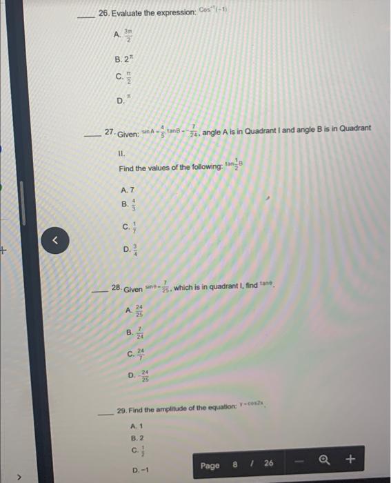 26 Evaluate The Expression Cos 1 3n A B 2 C D 27 Fin Given C D 11 Find The Values Of The Following 1