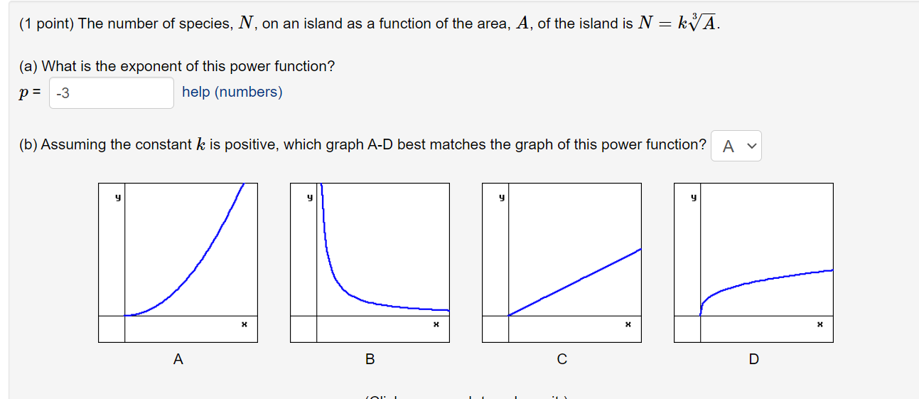 1 Point The Number Of Species N On An Island As A Function Of The Area A Of The Island Is N Kva A What Is The 1
