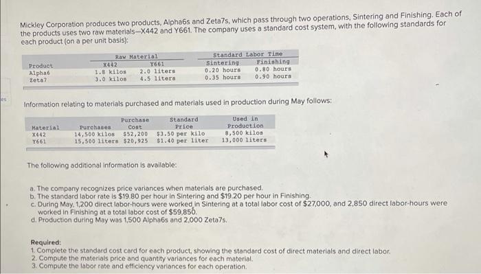 Mickley Corporation Produces Two Products Alpha6s And Zeta7s Which Pass Through Two Operations Sintering And Finishin 1