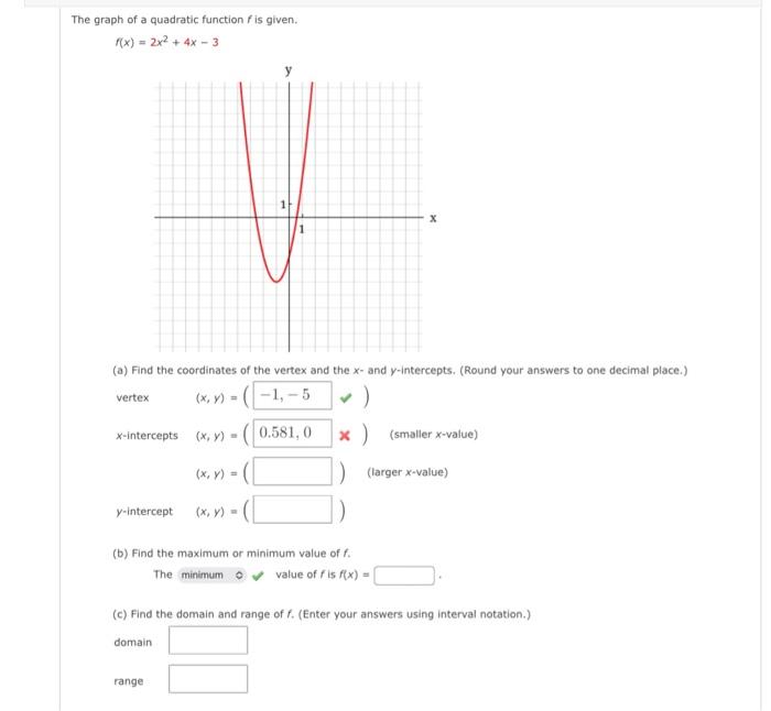 The Graph Of A Quadratic Function F Is Given F X 2x 4x 3 A Find The Coordinates Of The Vertex And The X And 1