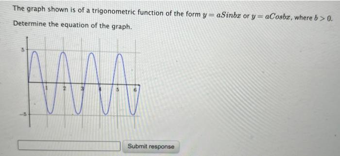 The Graph Shown Is Of A Trigonometric Function Of The Form Y Asinba Or Y Acosba Where B 0 Determine The Equation Of Th 1