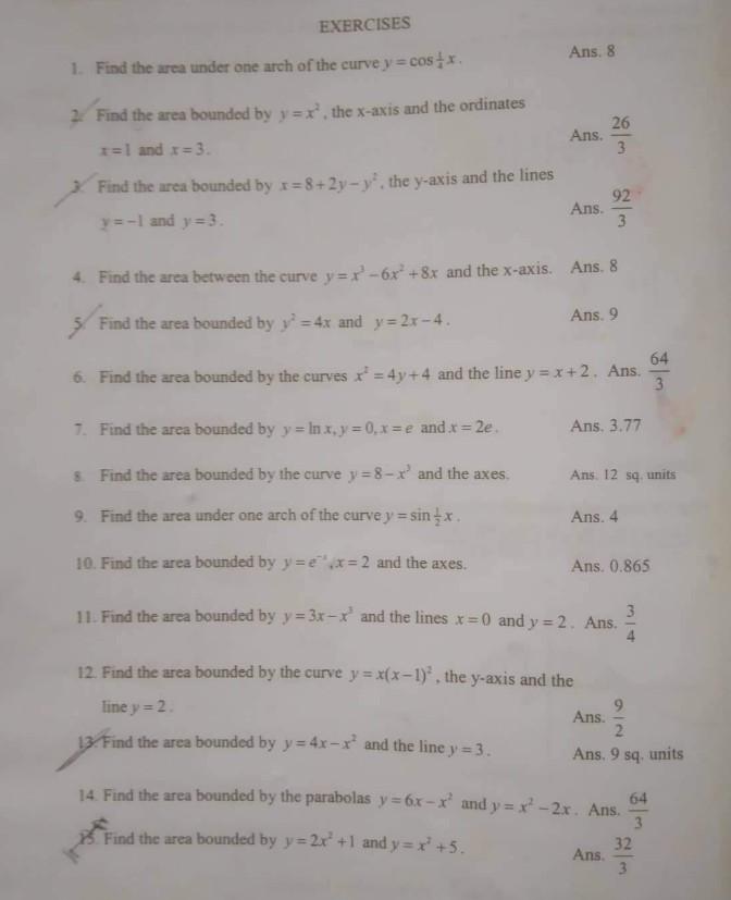 Plane Area Integral Calculus Solve All Problem If Complete Answer And Solution I Give You Thump Up If Complete Answer An 1