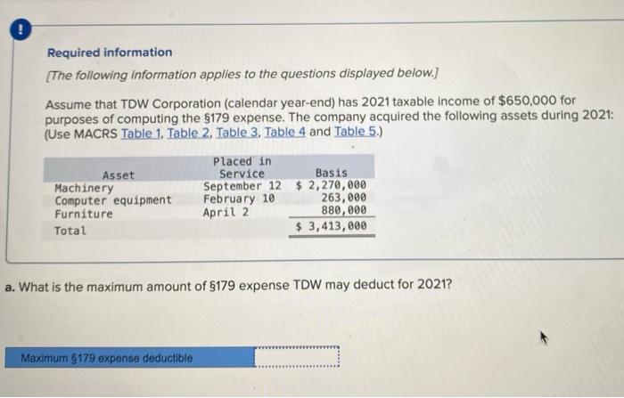 Required Information The Following Information Applies To The Questions Displayed Below Assume That Tdw Corporation 1