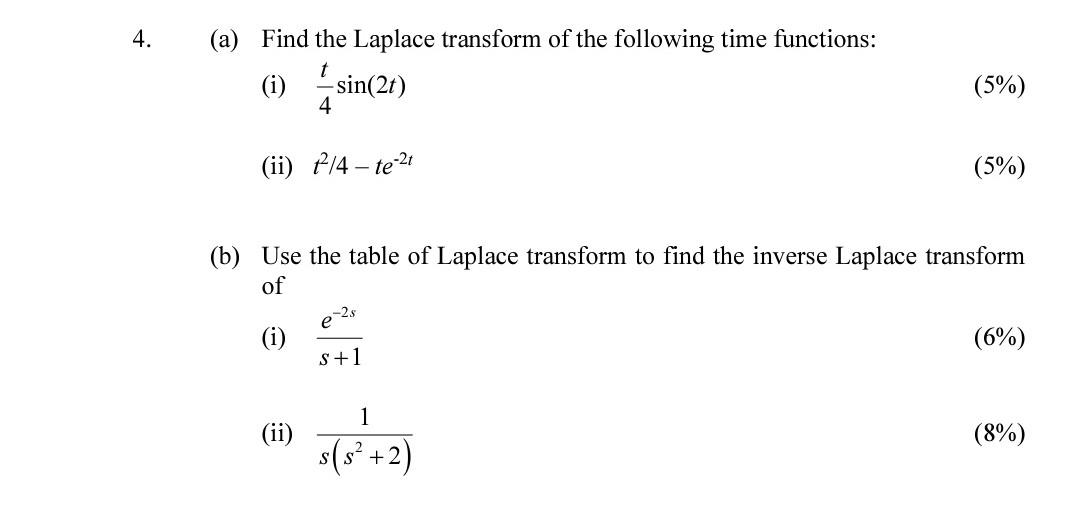 4 A Find The Laplace Transform Of The Following Time Functions T I Sin 2t 4 Ii 1 4 Te 21 Ii B Use The Tabl 1