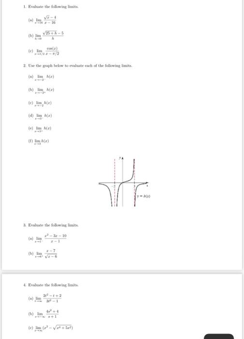 1 Evaluate The Following Limits 6 4 16 16 A Lim B Lim C Lim 1 2 1 2 2 Use The Graph Below To Evaluate Each Of 1